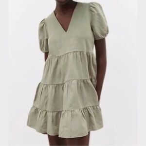 ZARA dress, sage green, tiers, linen cotton blend. Short bell sleeves. Medium
